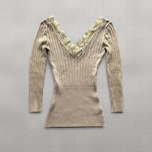 Y2K Cache Beige Ribbed Knit Sweater Lace V Neck Sequin Beaded Coquette Womens M